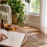 Table with cannabis products and astrology book in sunlit room