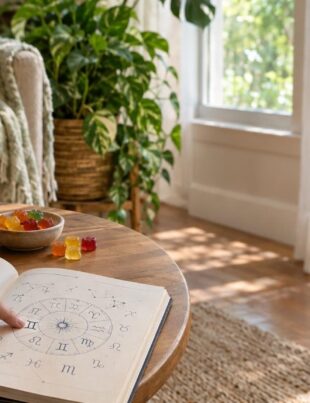 Table with cannabis products and astrology book in sunlit room