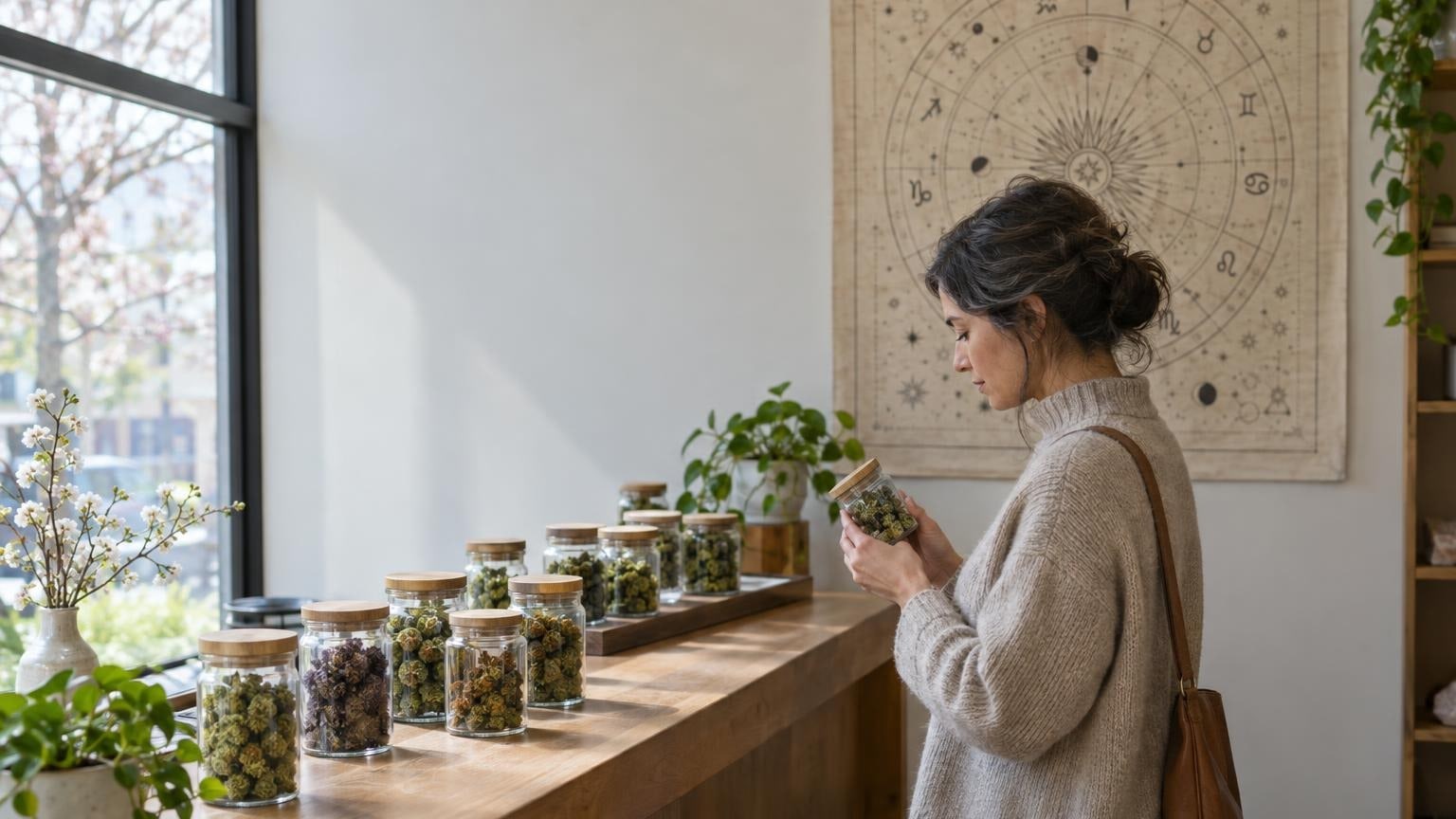 Customer examining cannabis flower jars in a dispensary with astrology chart nearby