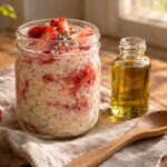 Glass jar of strawberry-infused overnight oats on rustic kitchen table