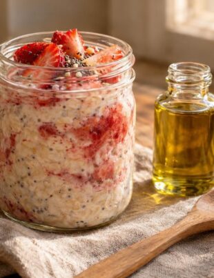 Glass jar of strawberry-infused overnight oats on rustic kitchen table