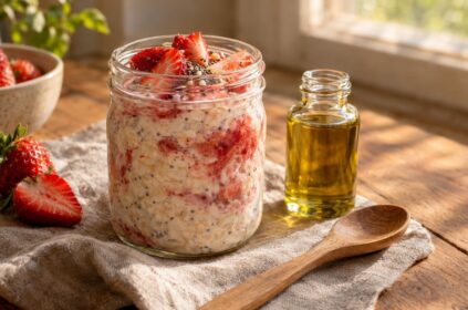 Glass jar of strawberry-infused overnight oats on rustic kitchen table