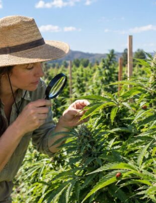 Farmer inspecting cannabis plants for pests during summer outdoors