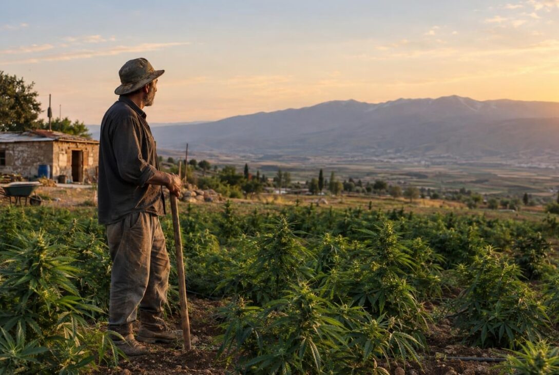 Farmer standing in a cannabis field in Bekaa Valley at sunset