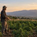 Farmer standing in a cannabis field in Bekaa Valley at sunset