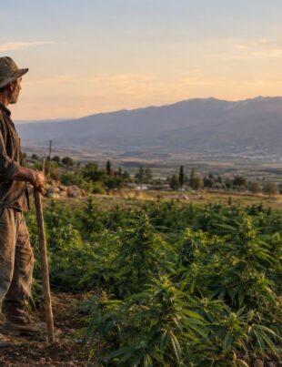 Farmer standing in a cannabis field in Bekaa Valley at sunset