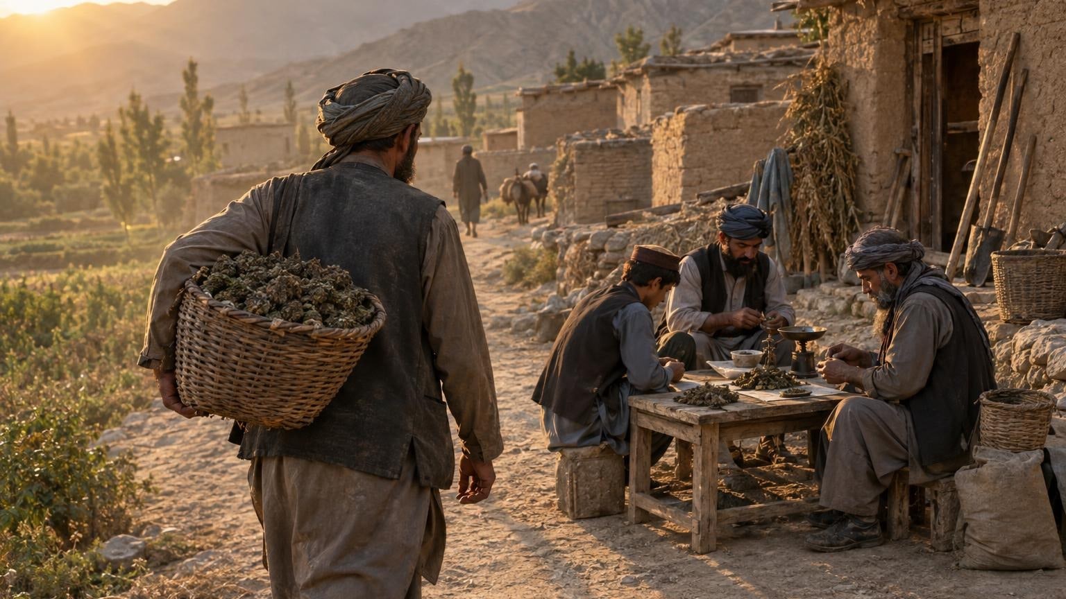 Rural Afghan farmer carrying harvested cannabis resin near mud-brick homes