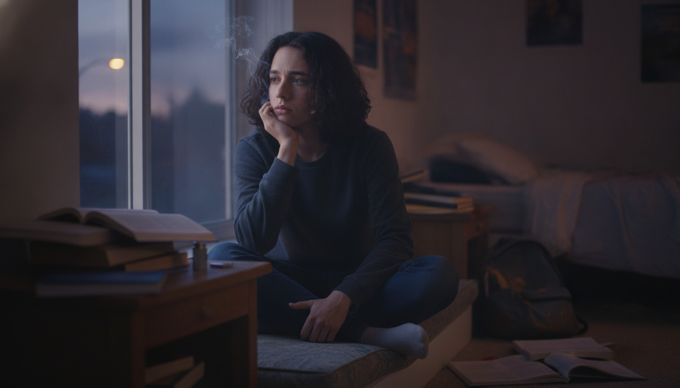 Teen sitting on a bedroom window seat, contemplative mood