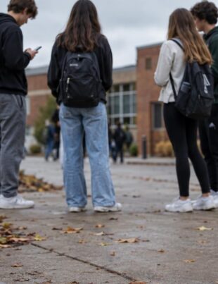 Teenagers standing outside a school in autumn, suggesting youth and cannabis risk