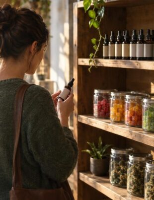 Retailer examining hemp-derived products on wooden shelves in Tennessee store