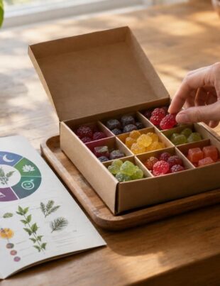 Person choosing CBD gummies with a terpene guide booklet on kitchen counter