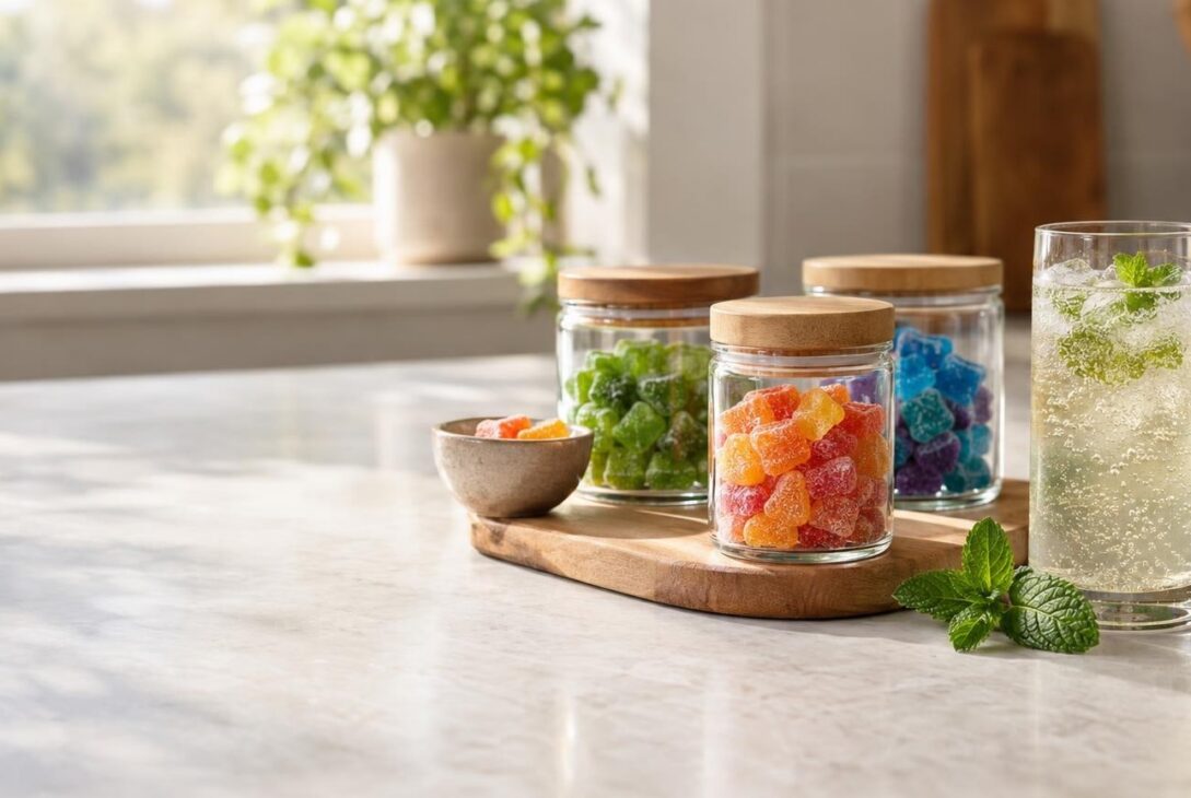 THC-infused gummies in jars and a sparkling THC beverage on a kitchen counter