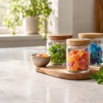 THC-infused gummies in jars and a sparkling THC beverage on a kitchen counter