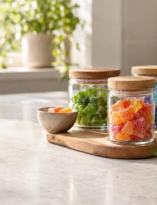 THC-infused gummies in jars and a sparkling THC beverage on a kitchen counter