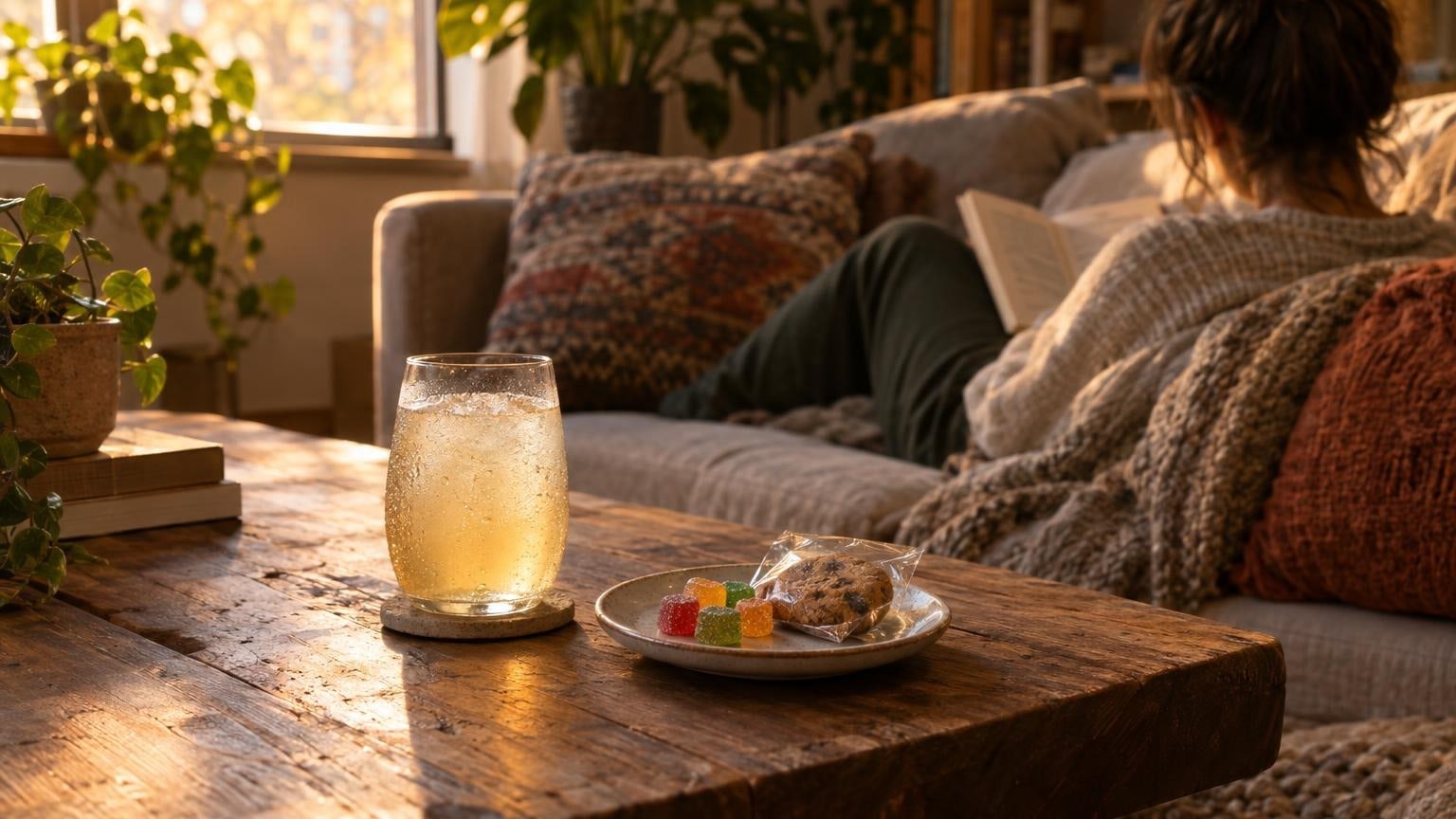 Glass of THC beverage and plate of gummies on coffee table in cozy living room