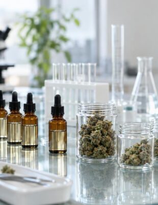 Laboratory scene with cannabis flower and dropper bottles highlighting THCV research