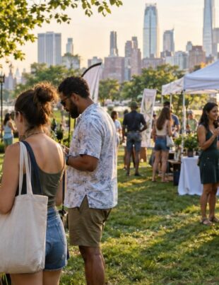 Outdoor summer event with adults at hemp and CBD product tables in a city park