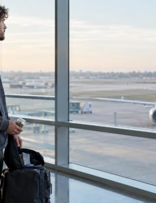 Traveler holding a glass jar of cannabis flower in an airport terminal near window