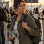 Traveler with CBD products near airport security checkpoint in golden hour light