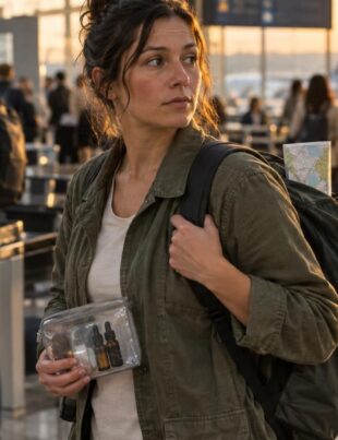 Traveler with CBD products near airport security checkpoint in golden hour light