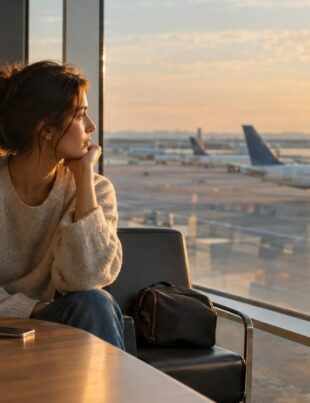 Traveler with small cannabis containers at airport terminal window in late afternoon