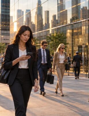 Financial district with professionals near office building symbolizing cannabis investing