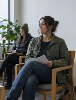 Patients waiting in a Utah clinic with medical cannabis jar on table
