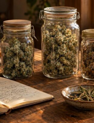 Glass jars of vintage cannabis buds aging on a rustic wooden table