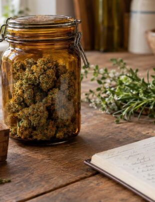 Vintage cannabis flower in a glass jar on a rustic kitchen table with herbs