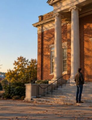 Virginia courthouse exterior in golden hour light with a solitary person nearby
