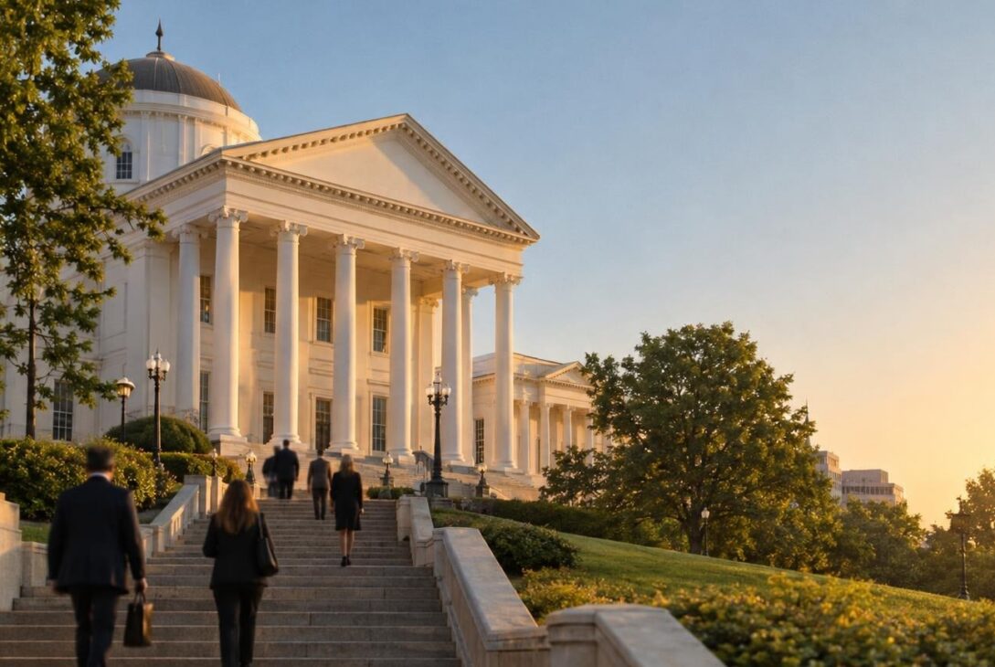 Virginia State Capitol building at sunrise with lawmakers approaching