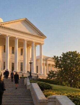 Virginia State Capitol building at sunrise with lawmakers approaching