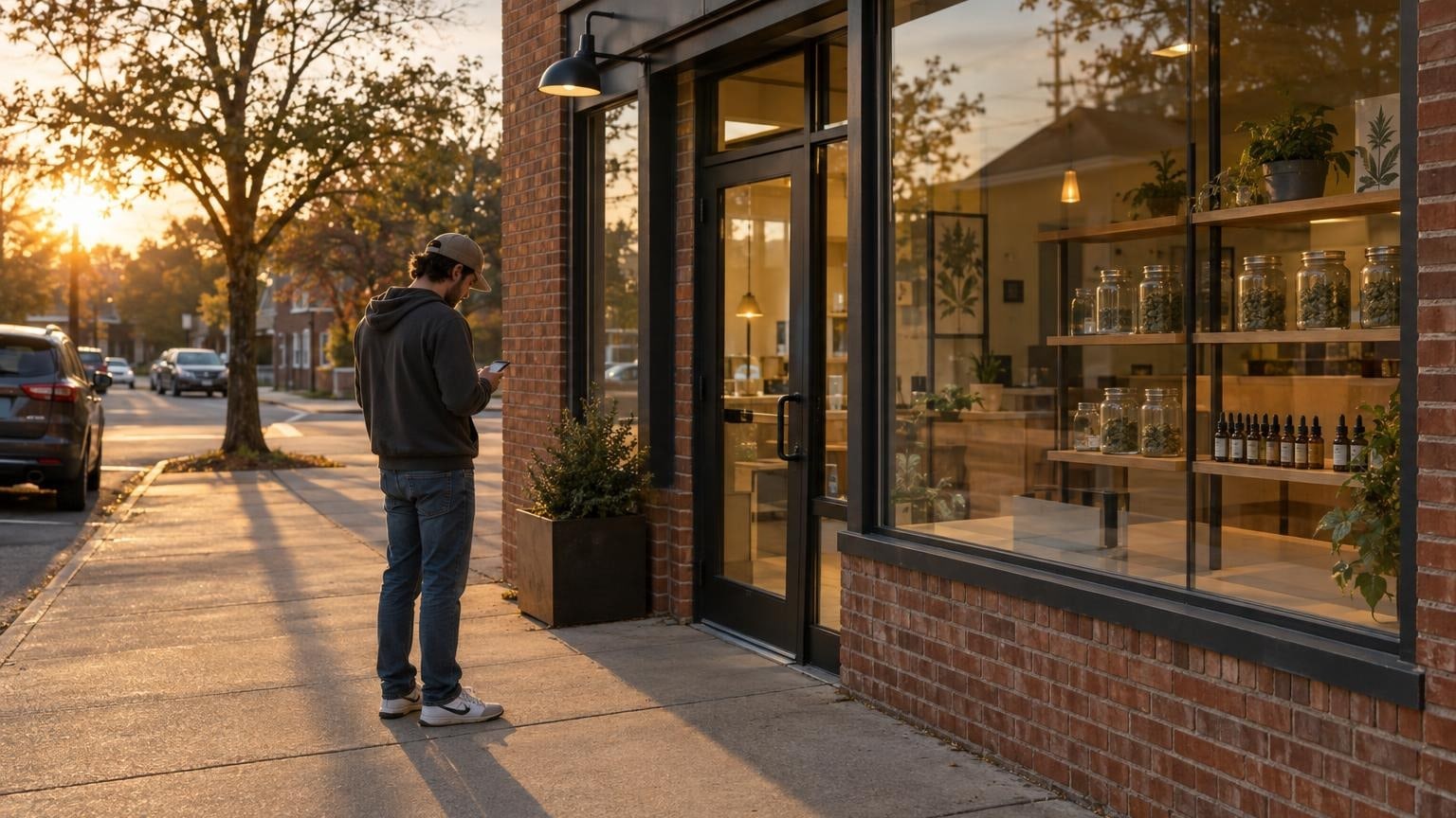 Cannabis dispensary storefront in Virginia with adult customer outside at sunset
