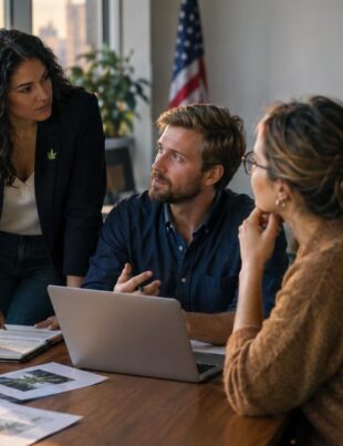 Campaign office scene with people discussing cannabis policy and reform