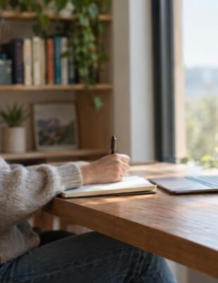 Person writing thoughtfully at a desk with a small jar of cannabis flower nearby