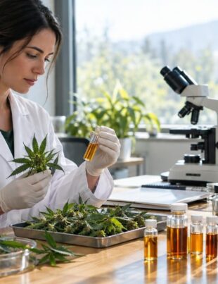 Scientist examining cannabis samples and extracts in a bright laboratory