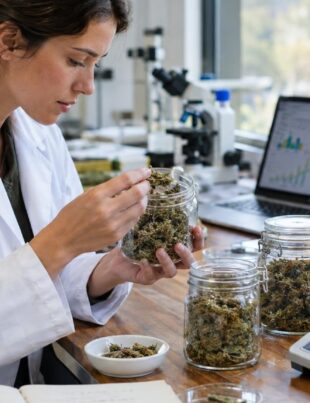 Researcher analyzing whole hemp biomass samples in a bright laboratory