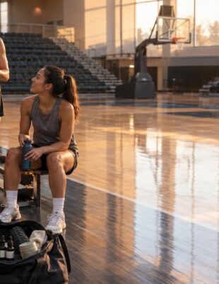 Women's basketball court with players and CBD products near bench