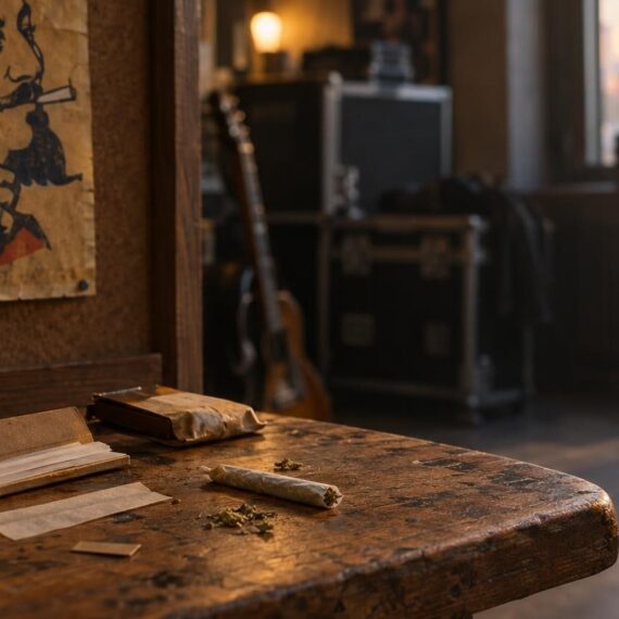 Vintage rolling papers and concert poster featuring Zig-Zag Man mascot on wooden table